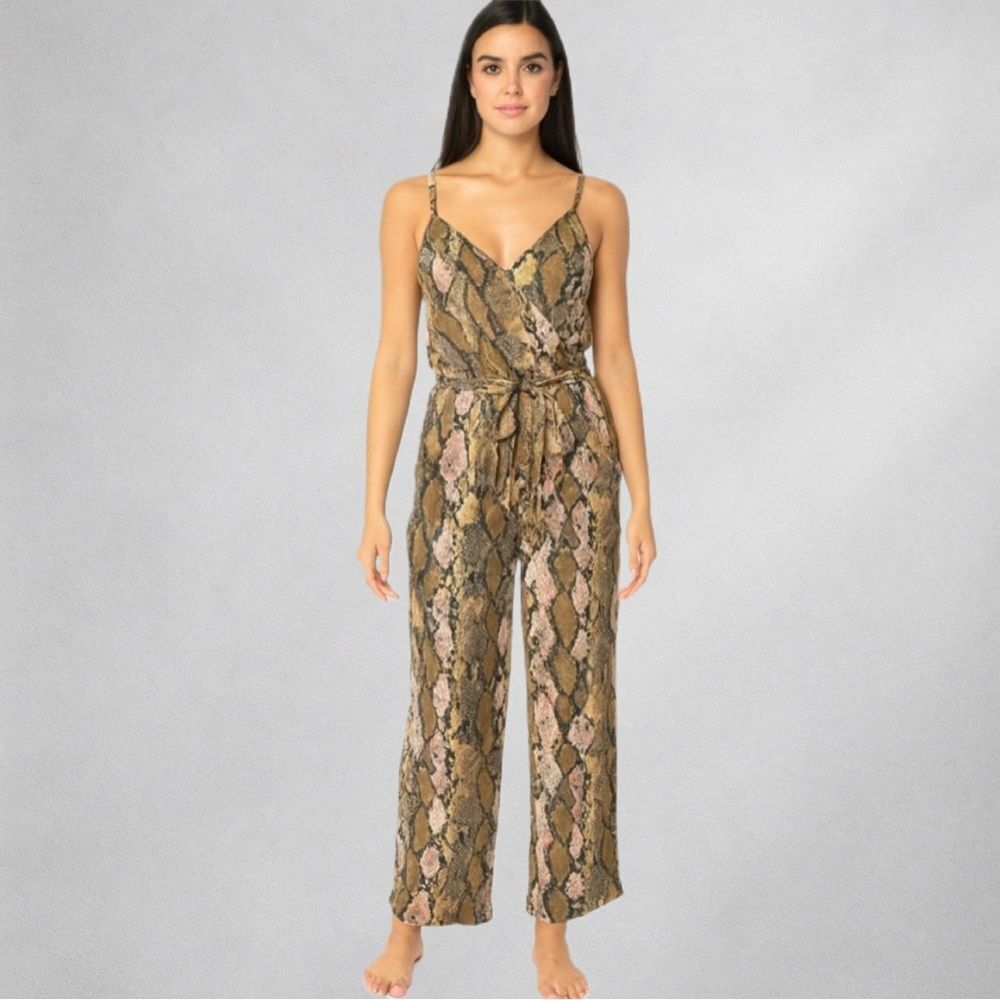 Banana Republic Faux Wrap Snakeskin Jumpsuit 4 Brown Beige Pink Animal Print